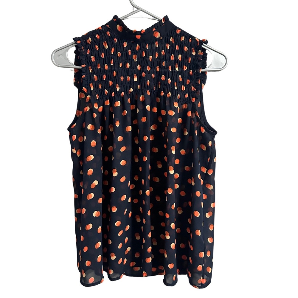 MAEVE by Anthropolgie Navy & Orange Polka-Dotted Ruffled Sleeveless Sheer Blouse